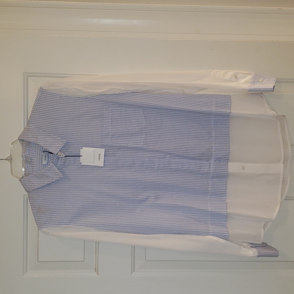 New with tags Vince, button-down shirt, blue and white stripe, size 10